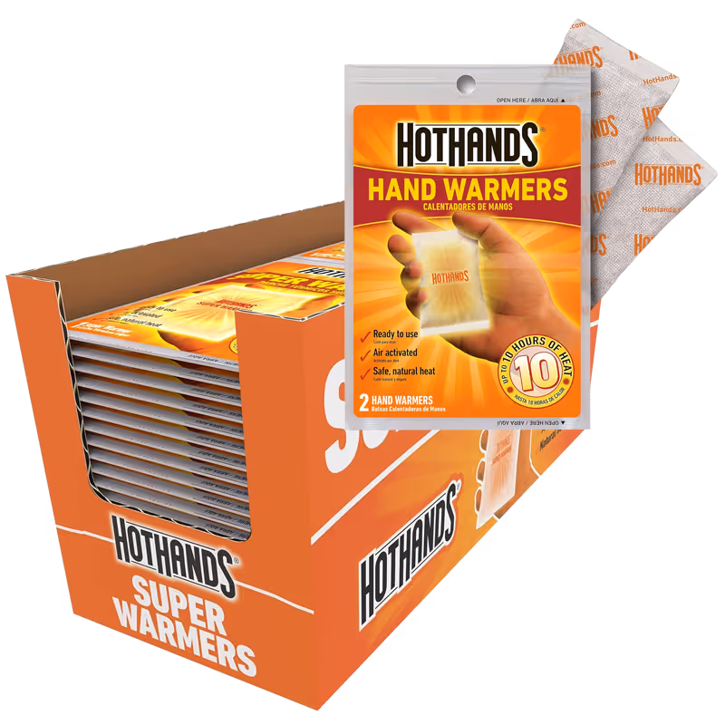 Box of HotHands hand warmers with individual packets, designed for warmth and convenience.