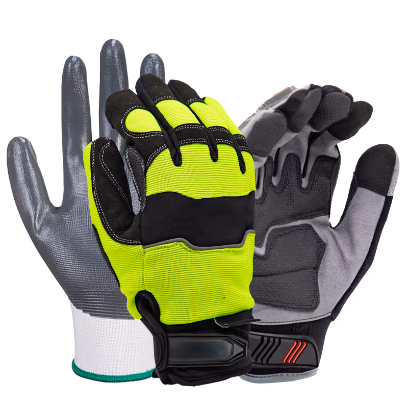 Three pairs of gloves: a gray utility glove, a neon yellow work glove, and a black and gray tactical