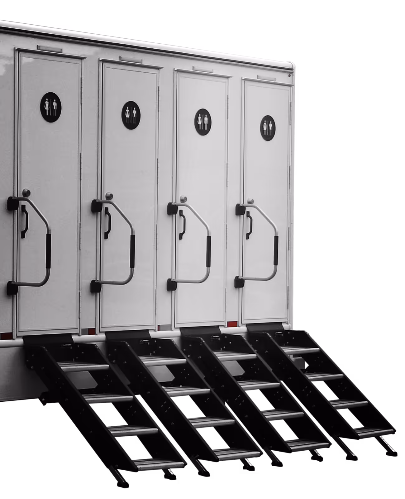 Four restroom doors on a portable unit with accessible steps, set against a black background.