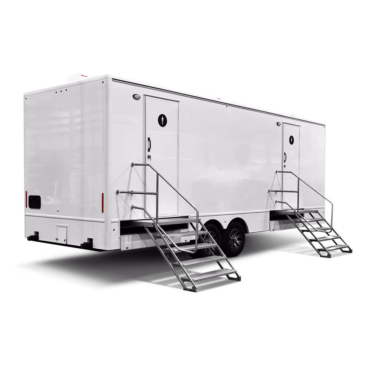 White restroom trailer with two doors, featuring stairs on both sides. 11-station design.