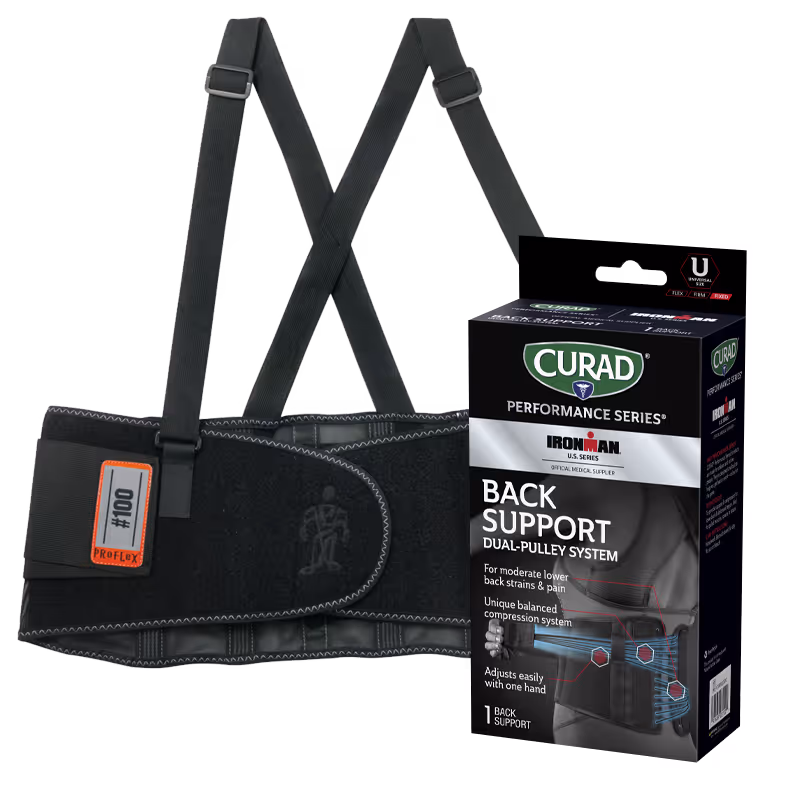 Back support brace with dual-pulley system next to packaging for Curad Ironman back support.