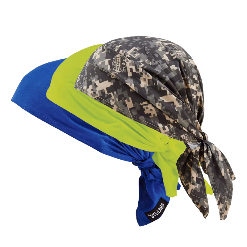 Three bandanas in different colors: camouflage, fluorescent yellow, and blue, tied together.