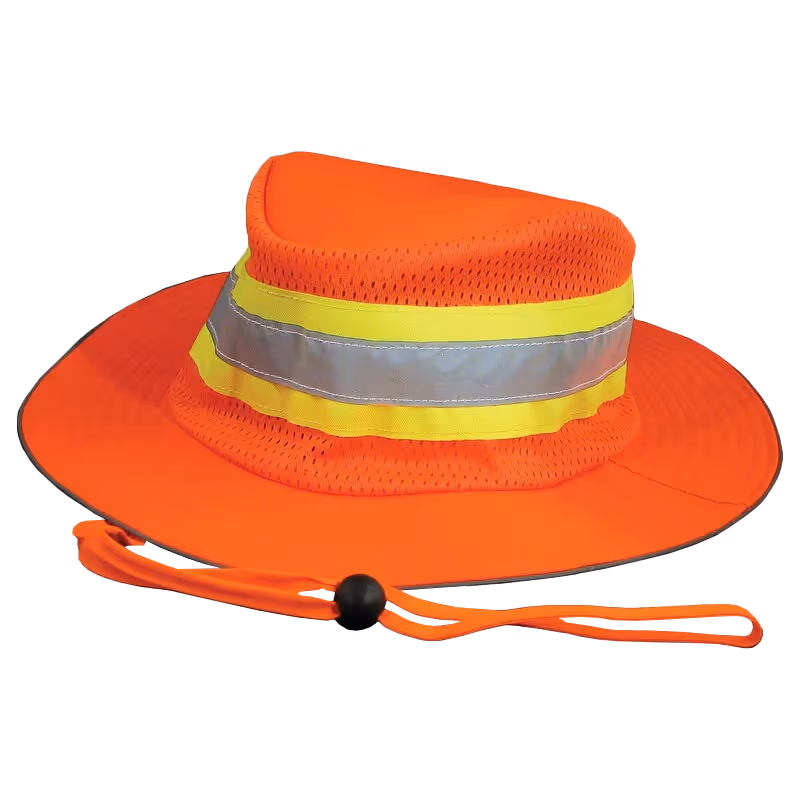 A bright orange hat with mesh sides and reflective yellow and silver stripes. Includes a chin strap.