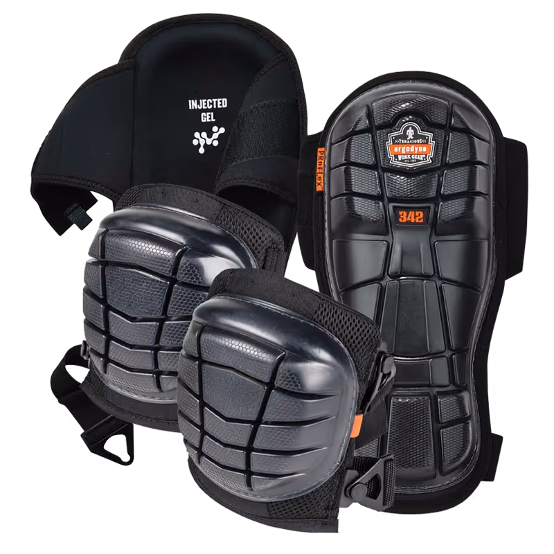 Black and gray knee and elbow pads with injected gel for impact protection. 342 model branding