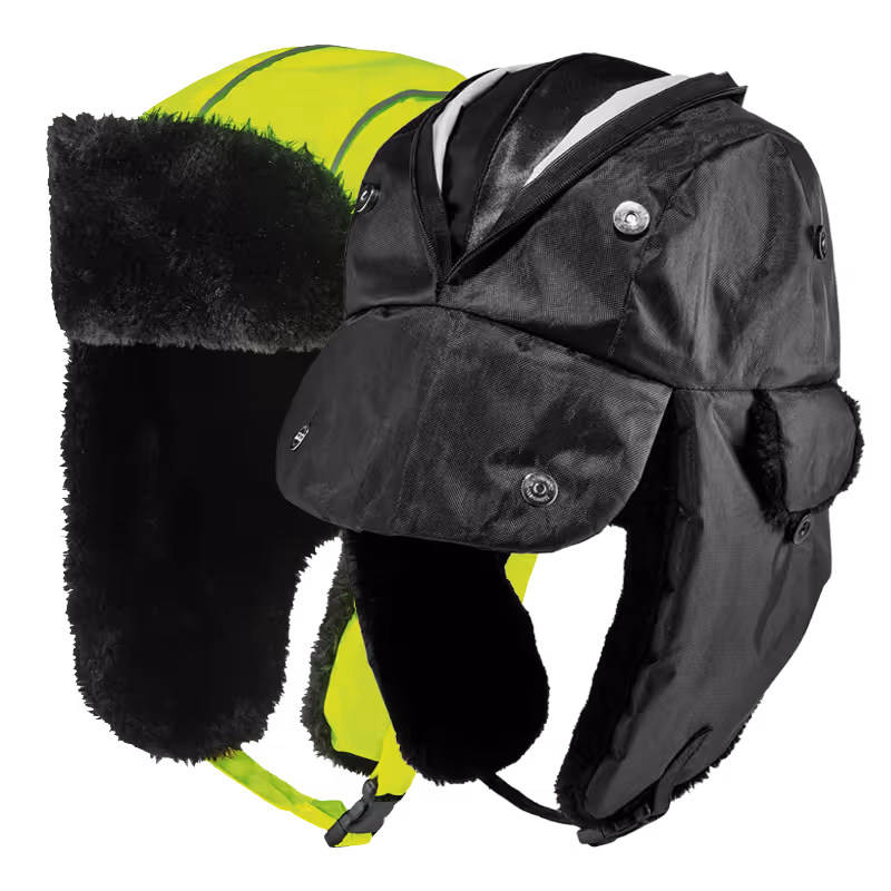 Two hats displayed side by side: one in black fabric with ear flaps, the other in bright yellow with