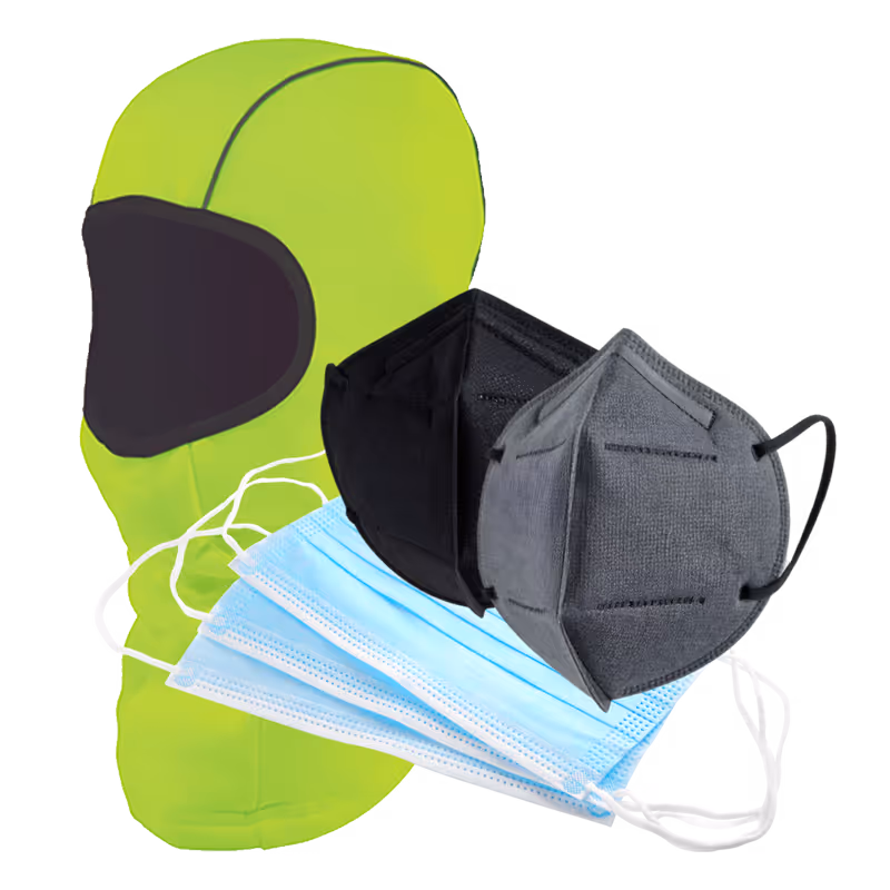 A bright green hooded mask alongside black and gray face masks and blue surgical masks.