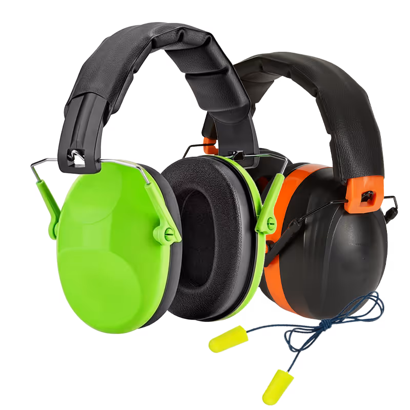 Two sets of ear protection: one bright green with black foam and one black with orange accents.