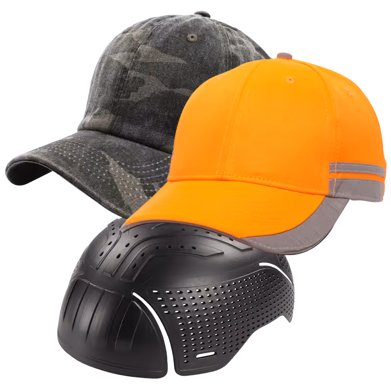 Three hats displayed: a camo cap, an orange safety cap, and a black protective helmet.