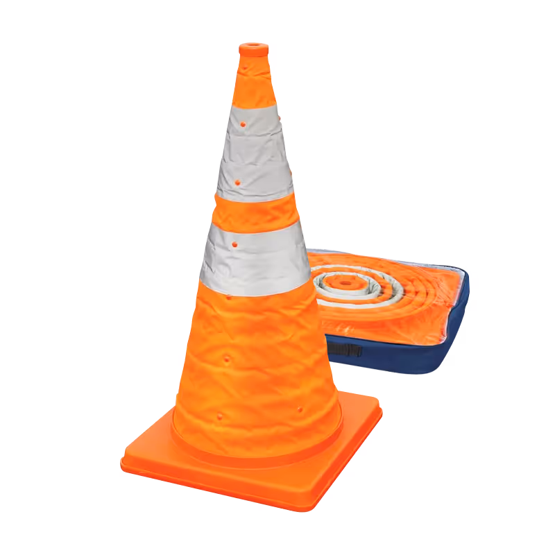 Traffic cone with two reflective white stripes next to a rolled-up safety mat in blue and orange.