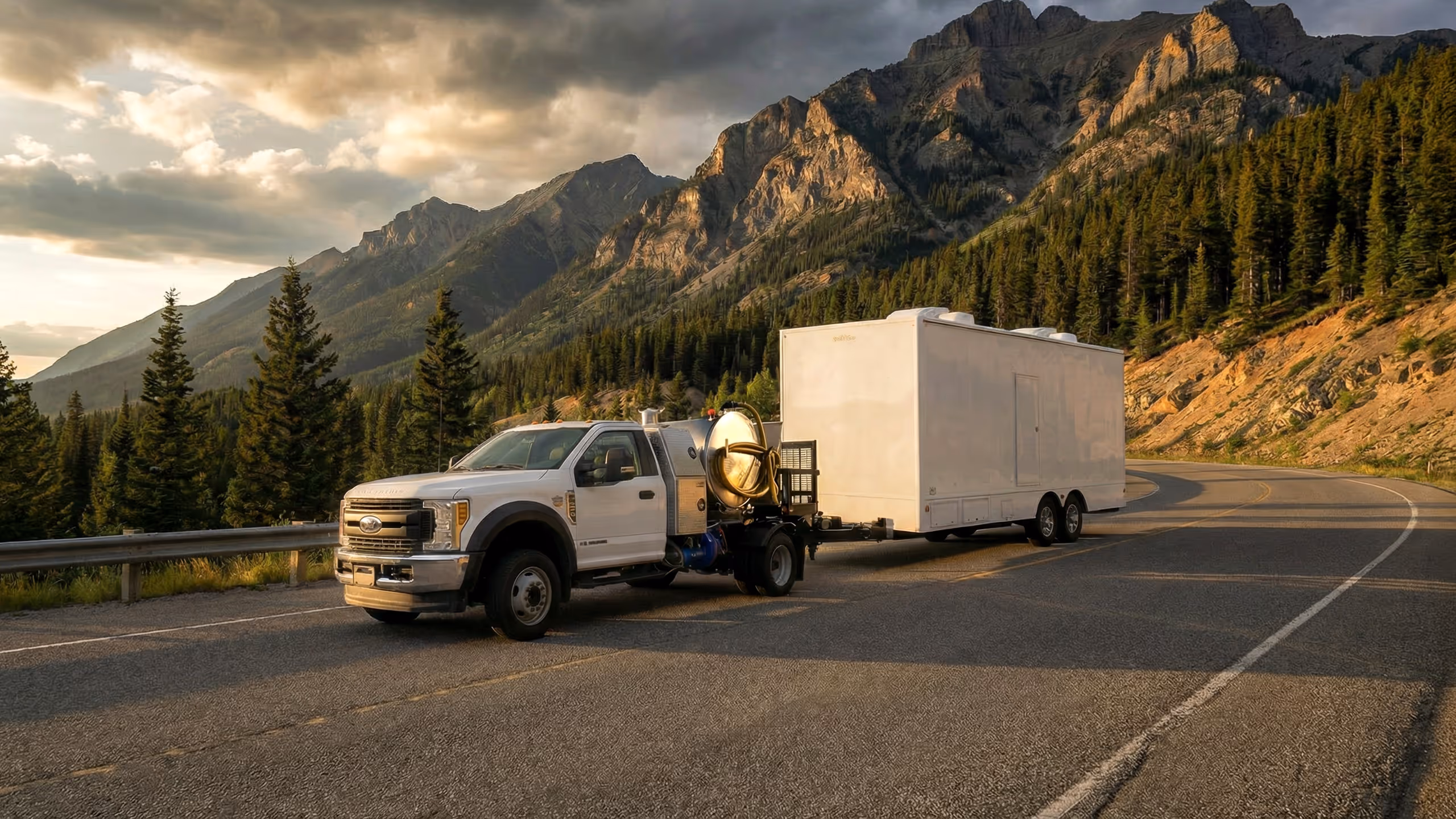 A white truck towing a large white trailer on a mountain road under a dramatic sky.