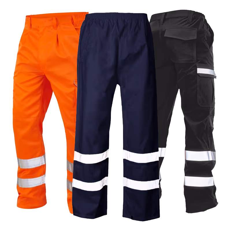 Three pairs of work pants: orange, navy blue, and black, each with reflective stripes.