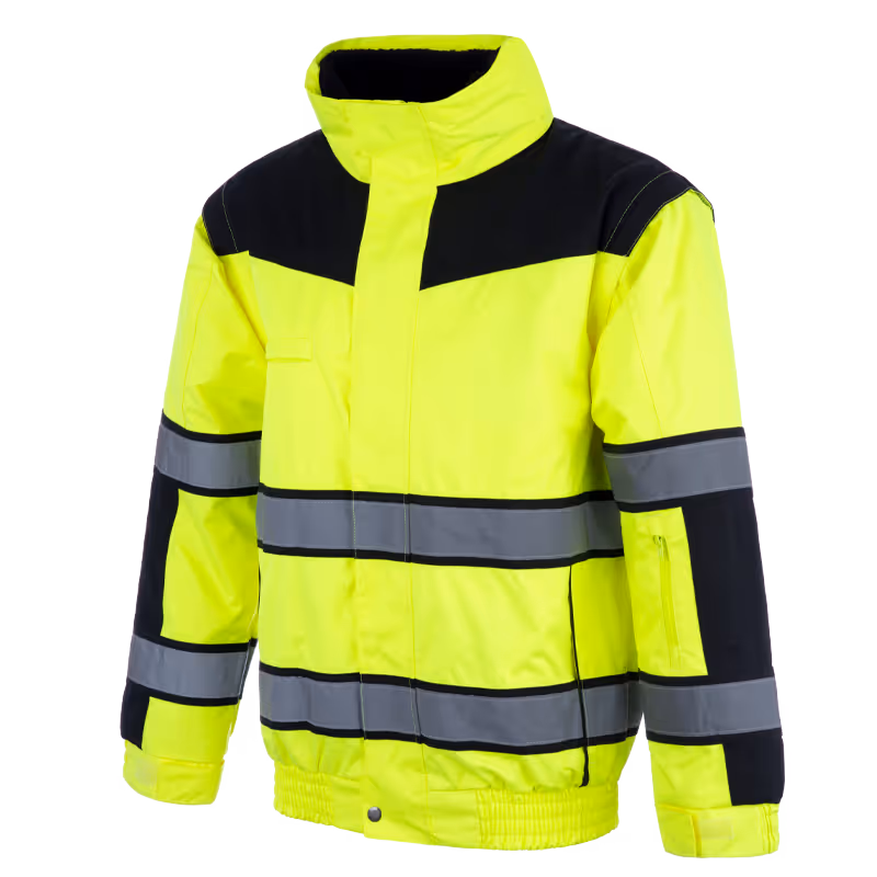 Fluorescent yellow jacket with black and reflective gray stripes for high visibility.
