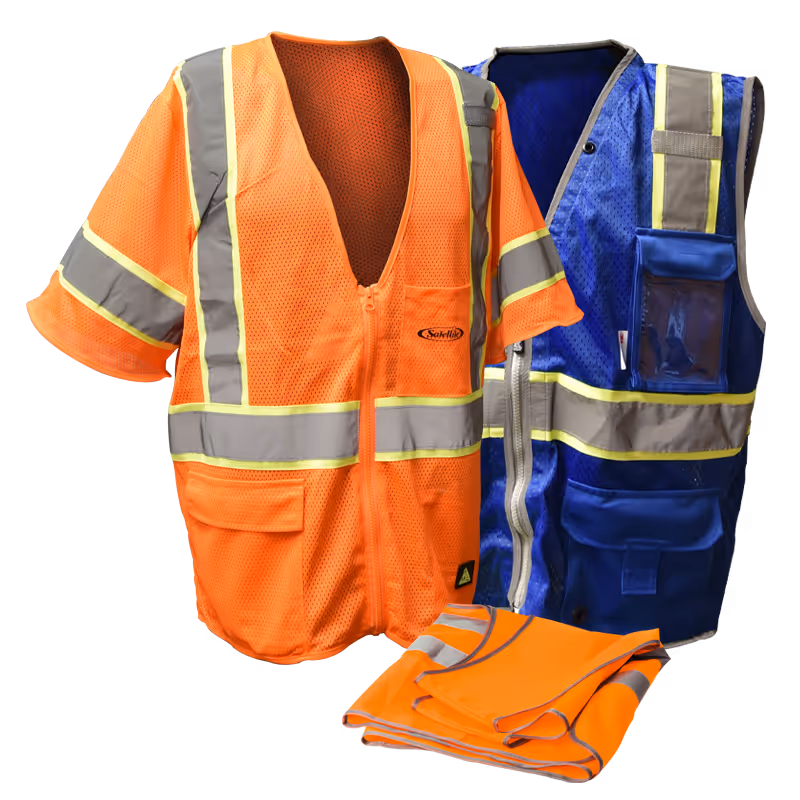 Two high-visibility vests: an orange mesh vest with reflective stripes and a blue vest with pockets.