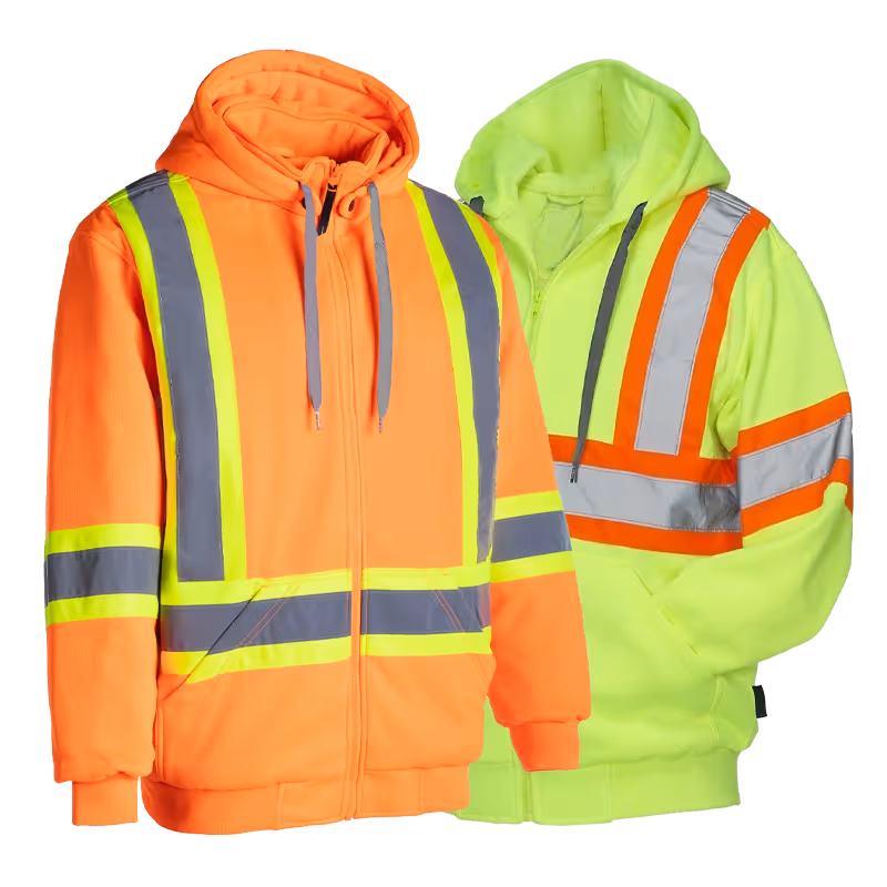 Two reflective hoodies, one orange and one neon green, with contrasting stripes for visibility.