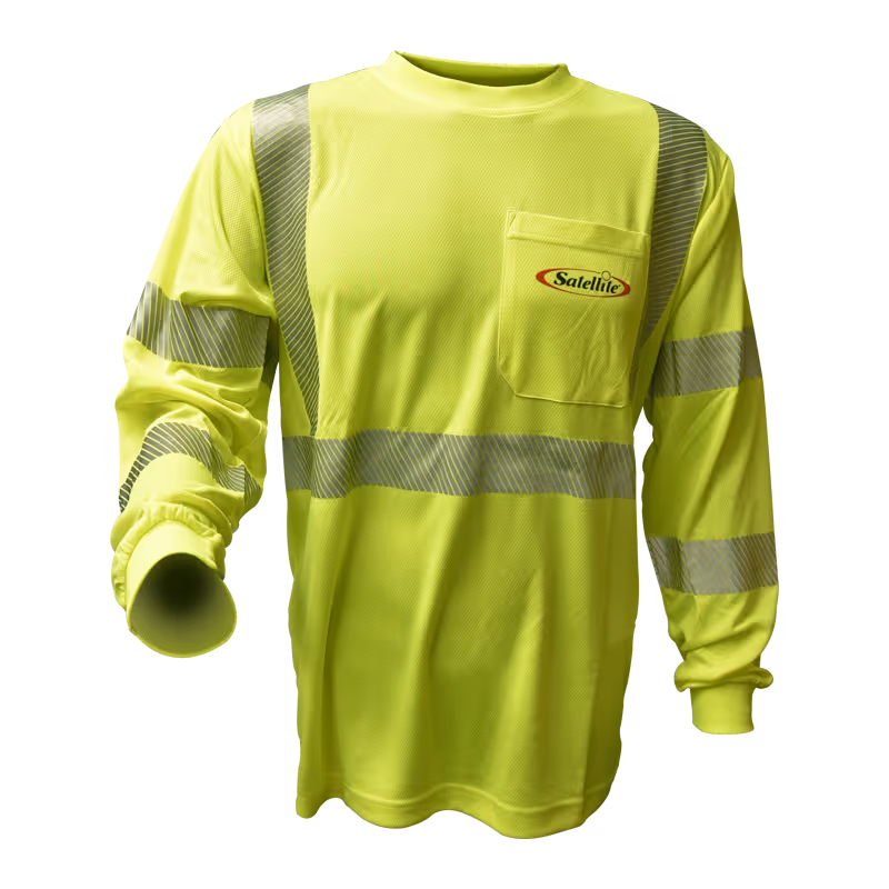 Long-sleeve bright yellow safety shirt with reflective stripes and a chest pocket.