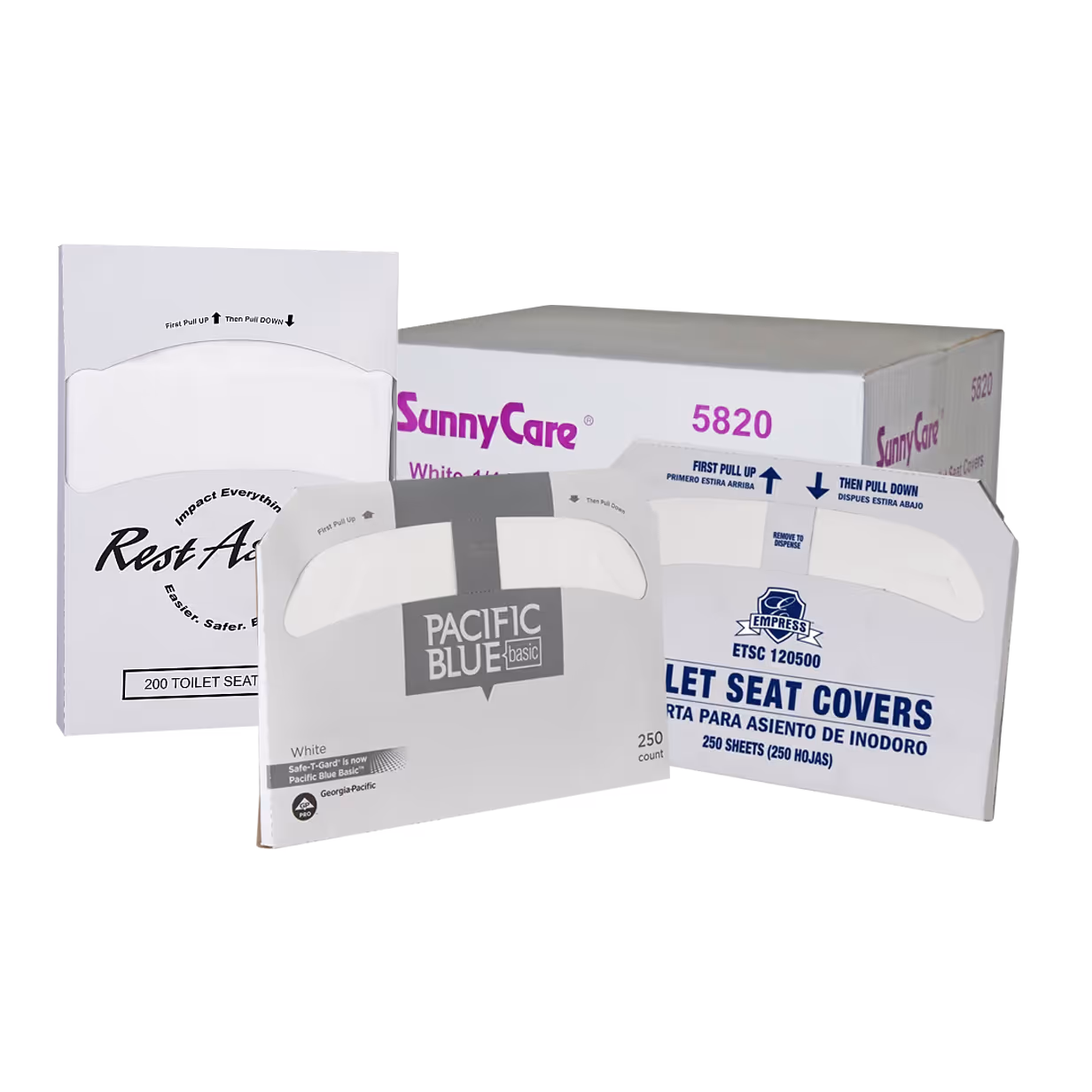 Three packs of white 1/4 fold toilet seat covers from Rest Assured, Pacific Blue, and Empress brands.