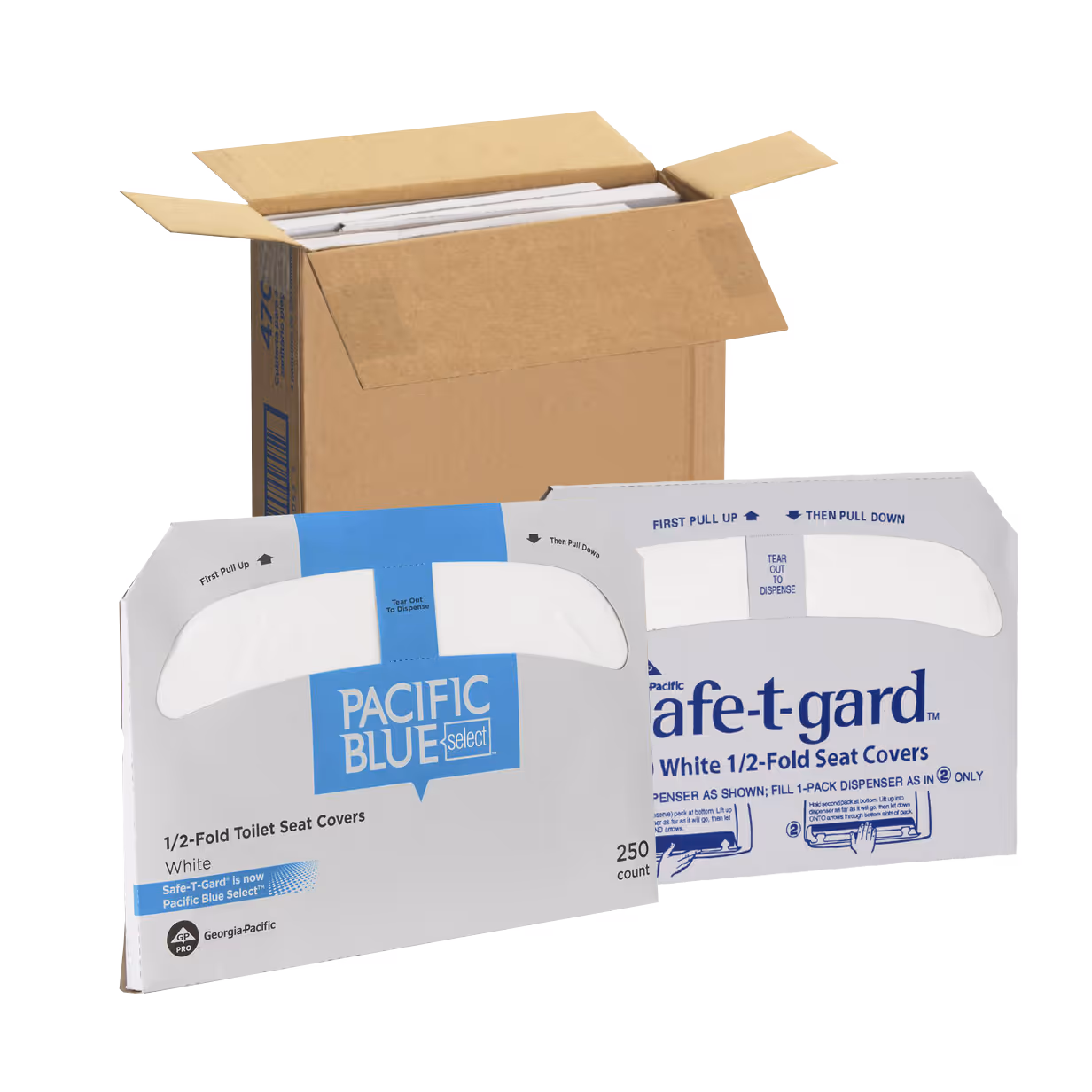 Open box with two dispensers of Pacific Blue Select 1/2-fold white toilet seat covers, 250 count each.