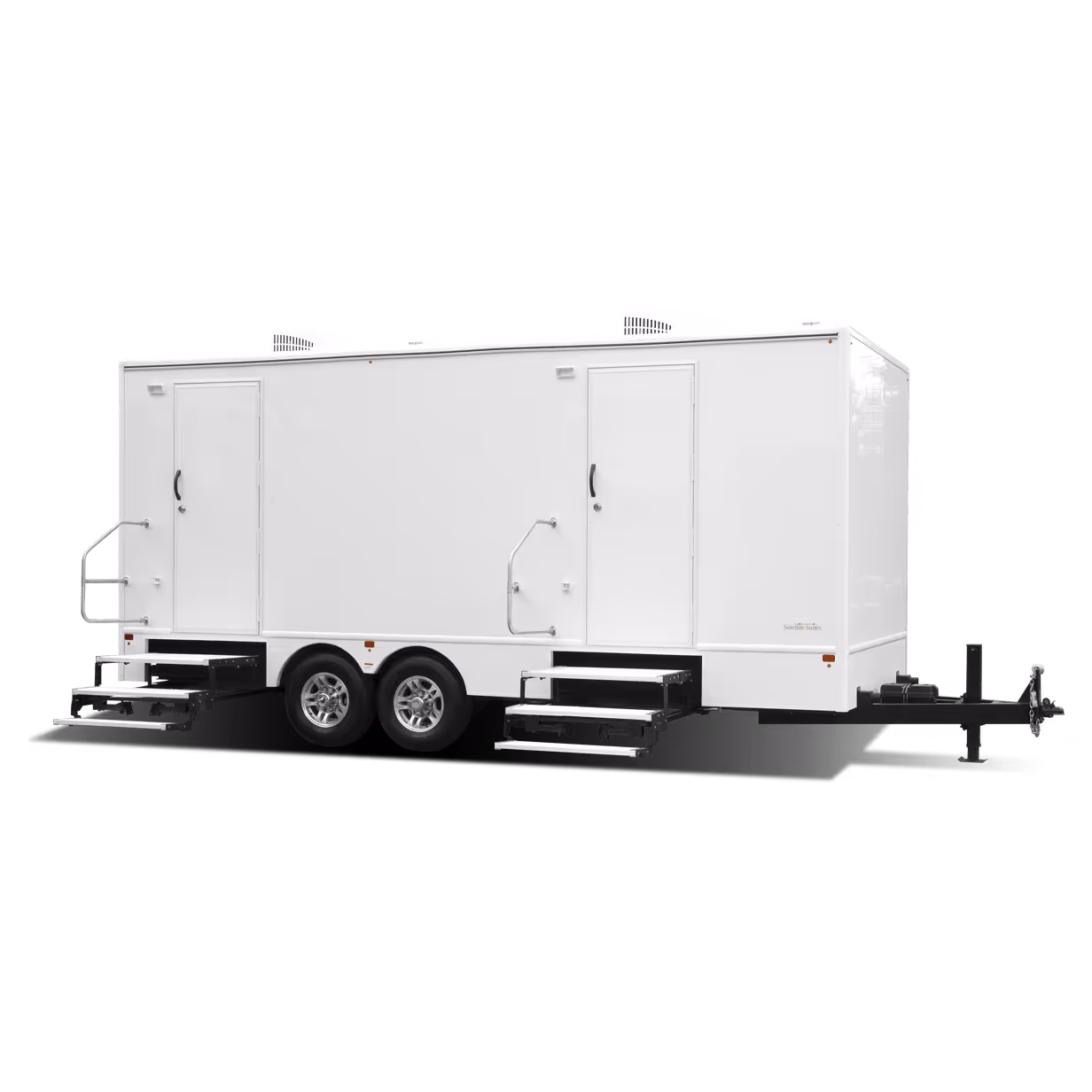 6-station portable restroom trailer with double doors and steps, white exterior, on wheels.