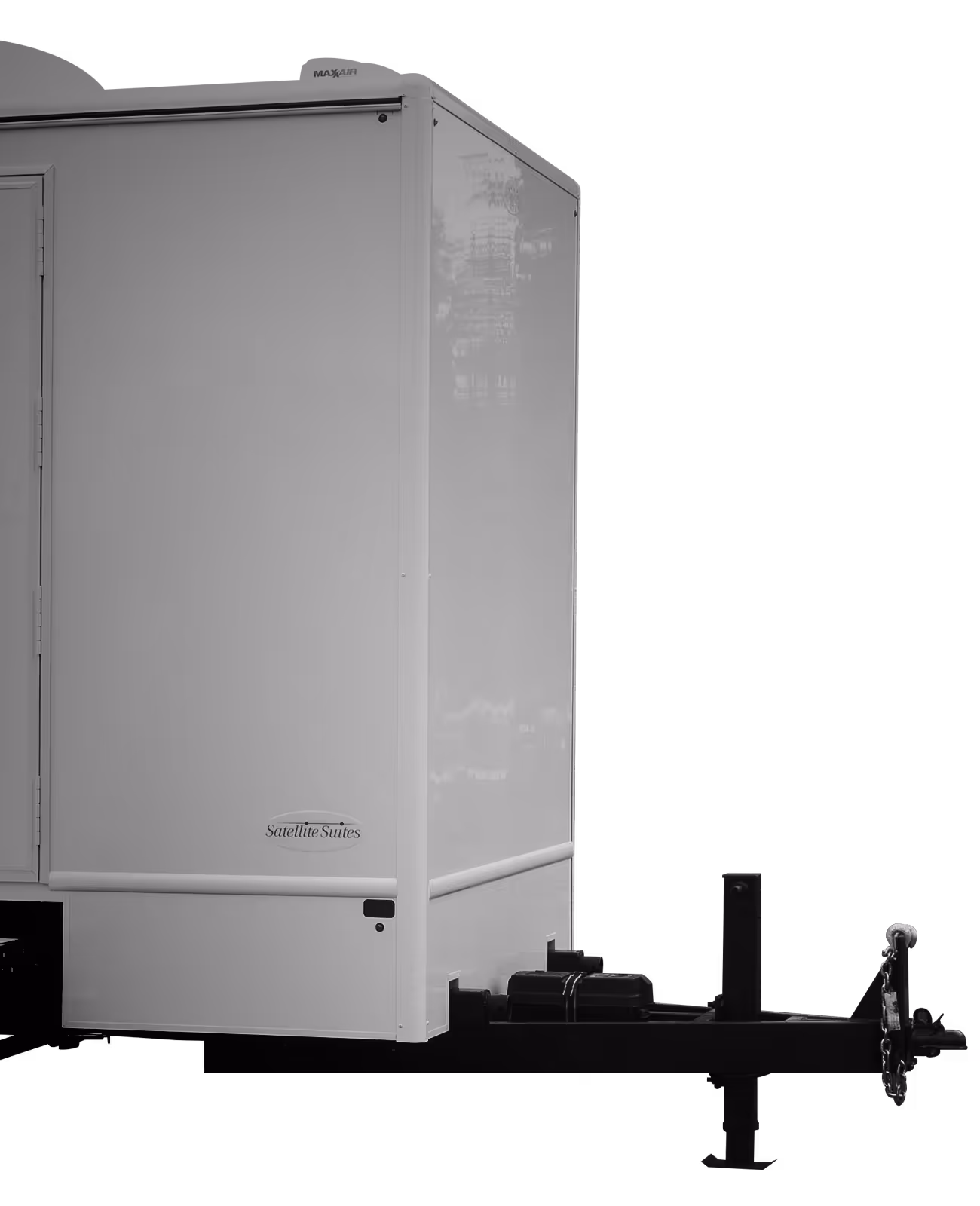 White 6-station portable restroom trailer on a black background, with a tow hitch visible.