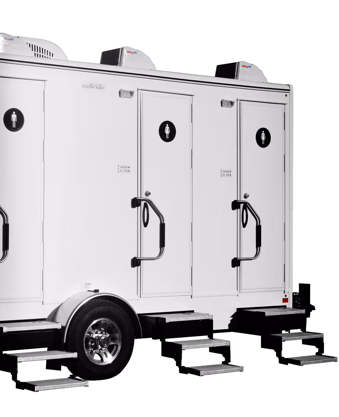 A white portable restroom trailer with four doors and steps, featuring gender symbols.