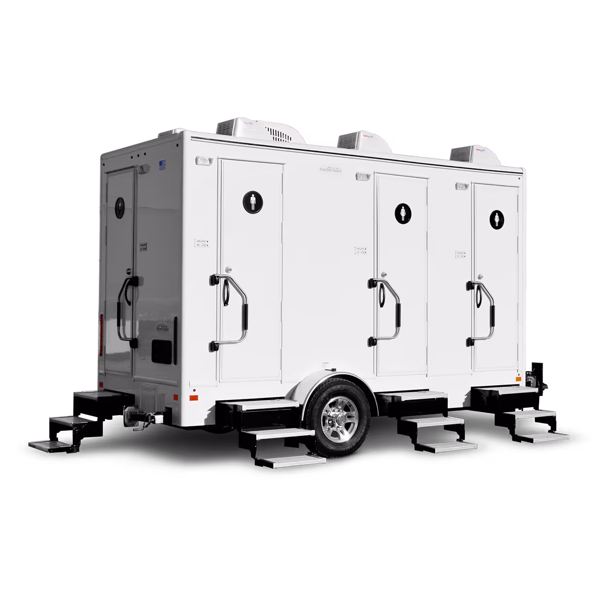Portable restroom trailer with four doors and four stations, featuring three steps for access.