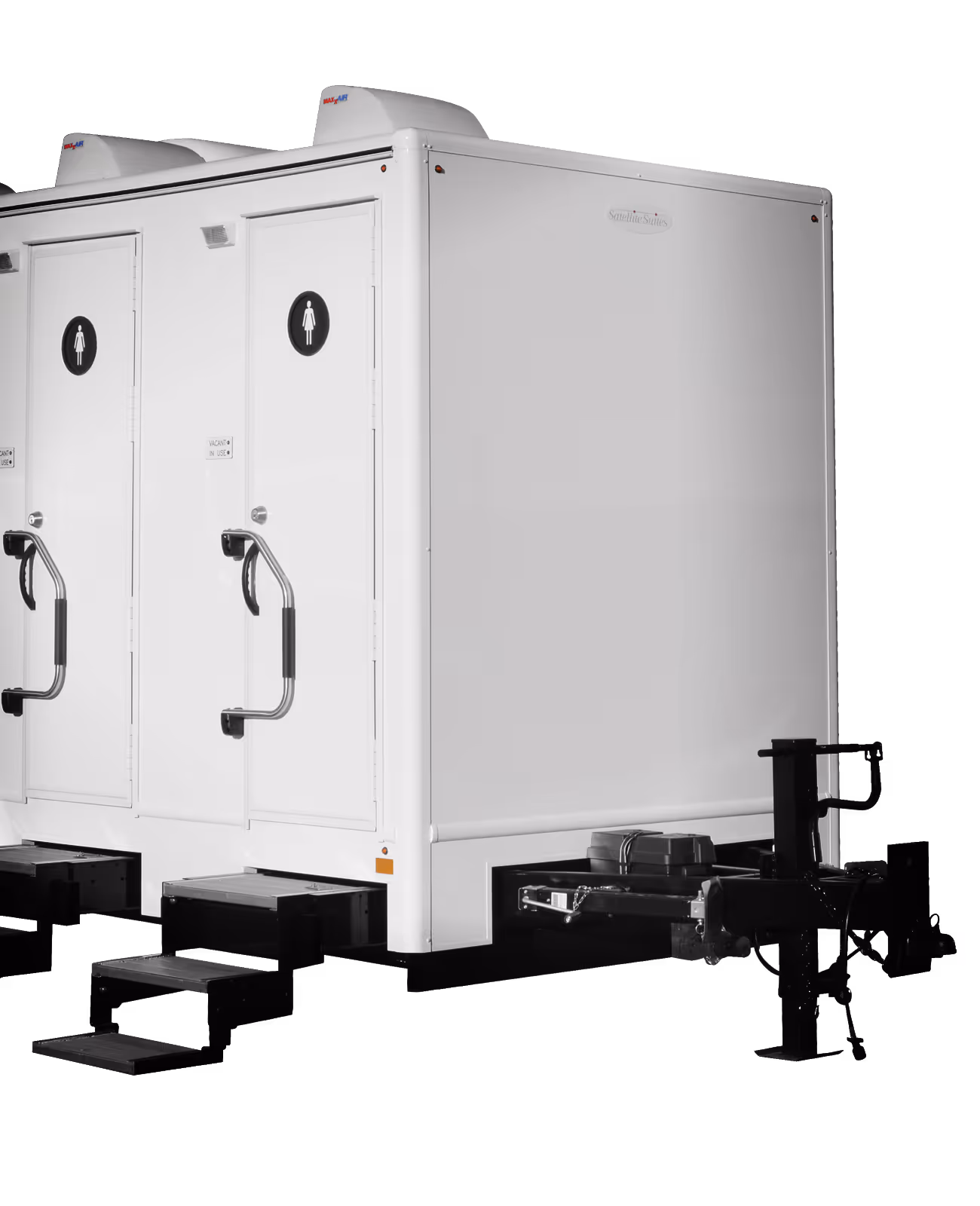 Portable restroom trailer with three stations and two doors, featuring steps and a hitch for towing.