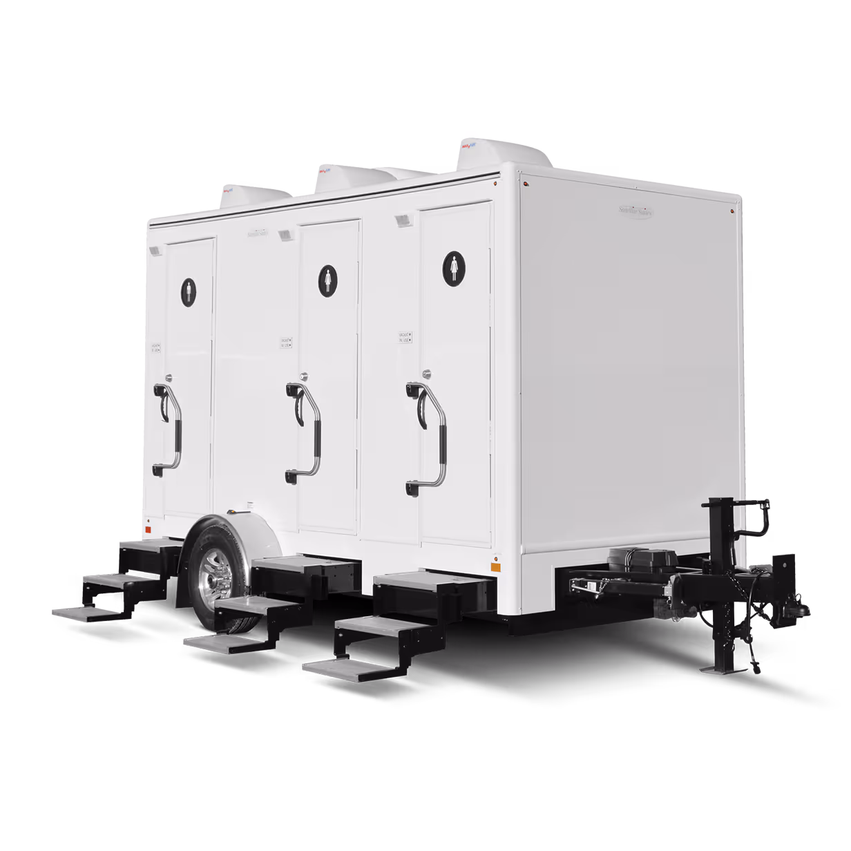 3-door, 3-station mobile restroom trailer with steps and a hitch for towing.