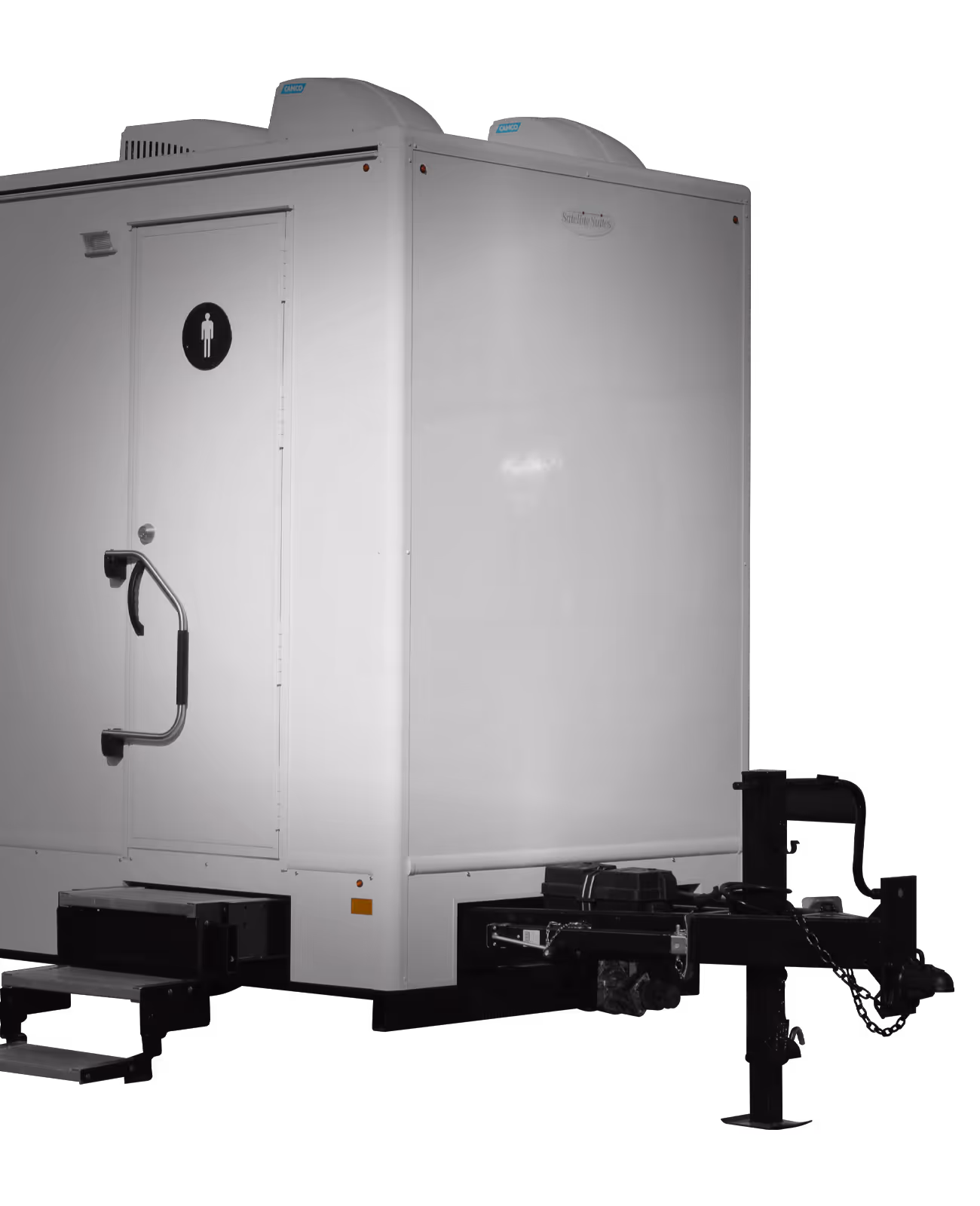 A portable restroom trailer with two doors and a black background.