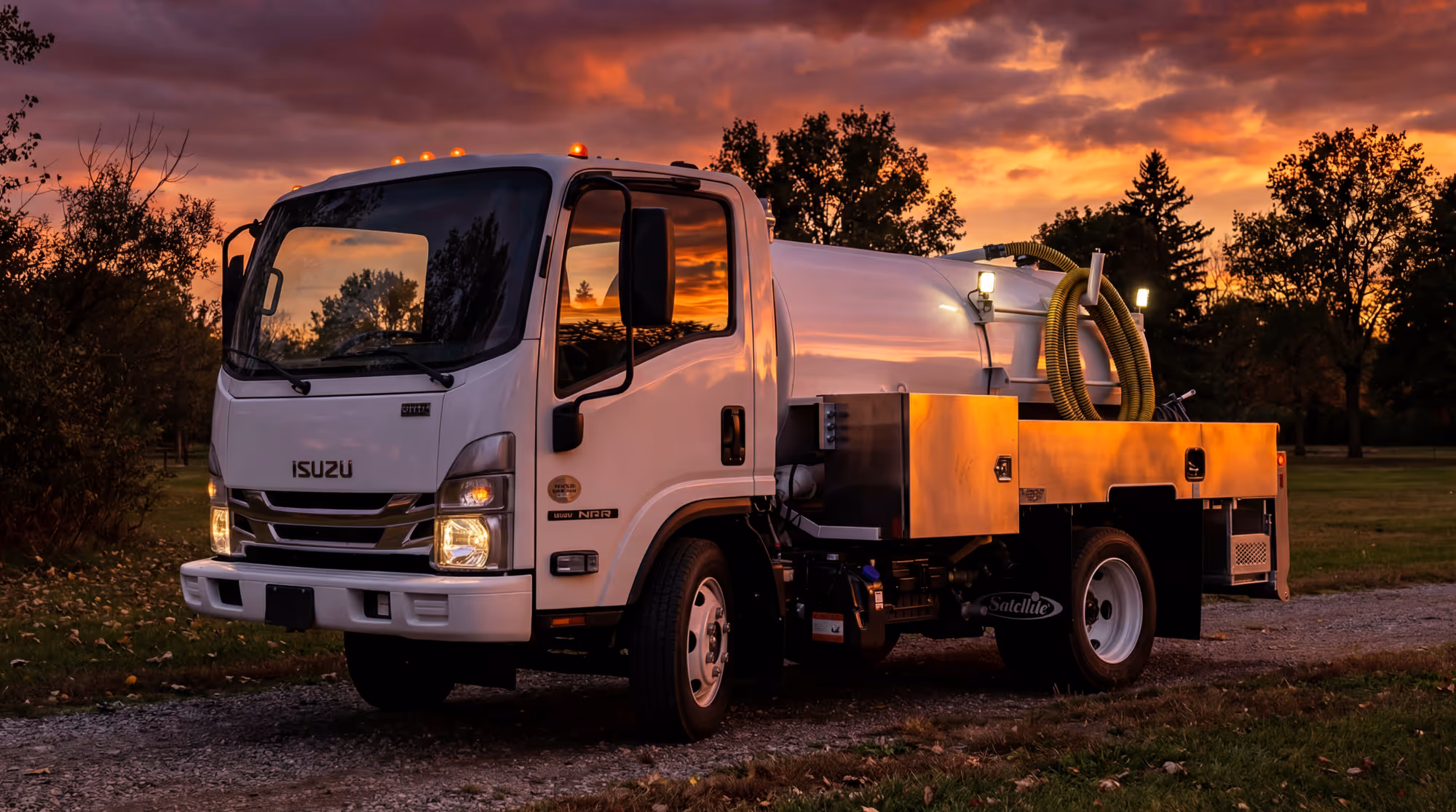 A white Isuzu truck with a tank and hoses, parked on a gravel path on a sunset background.