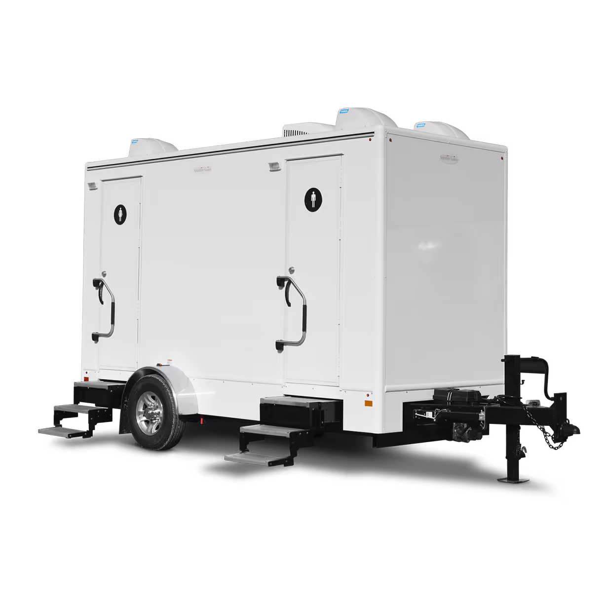 A white portable restroom trailer with two doors and four stations, featuring steps for access.