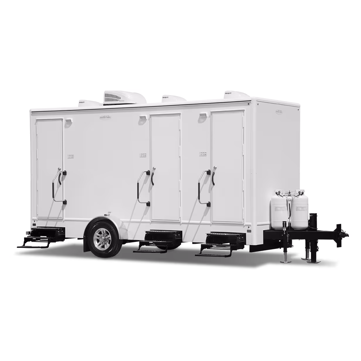 Three-station shower trailer with accessible entry, air conditioning unit, and connected water
