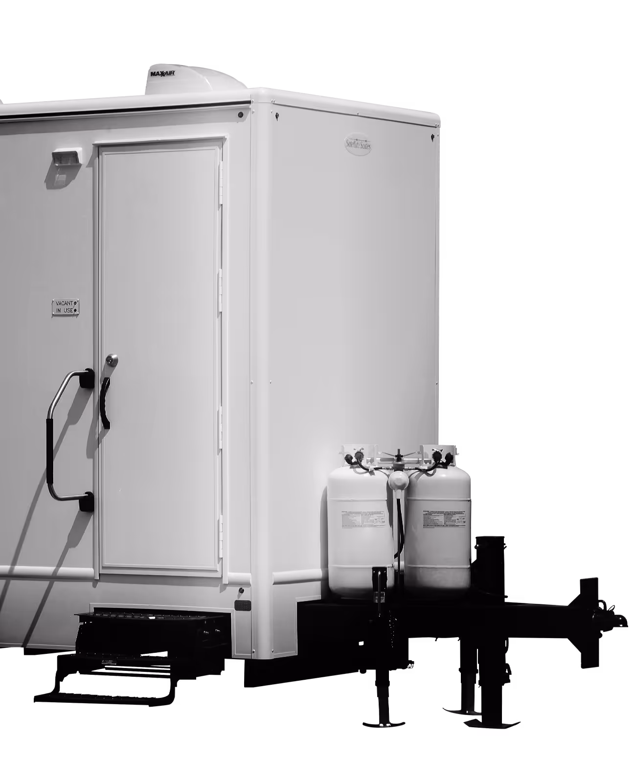 Three-station shower combo unit with white exterior and propane tanks on the side.