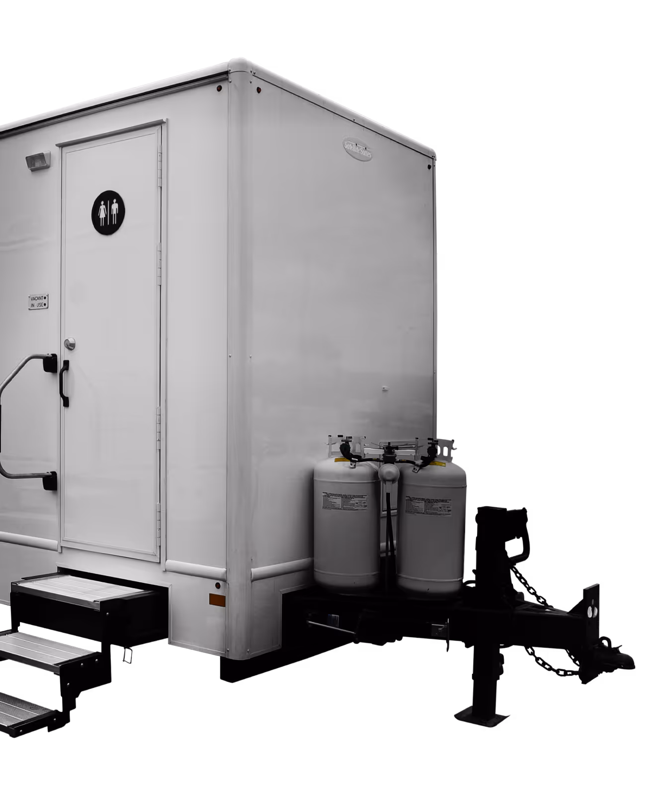 Portable restroom trailer with two propane tanks, steps leading up to a door, black background.