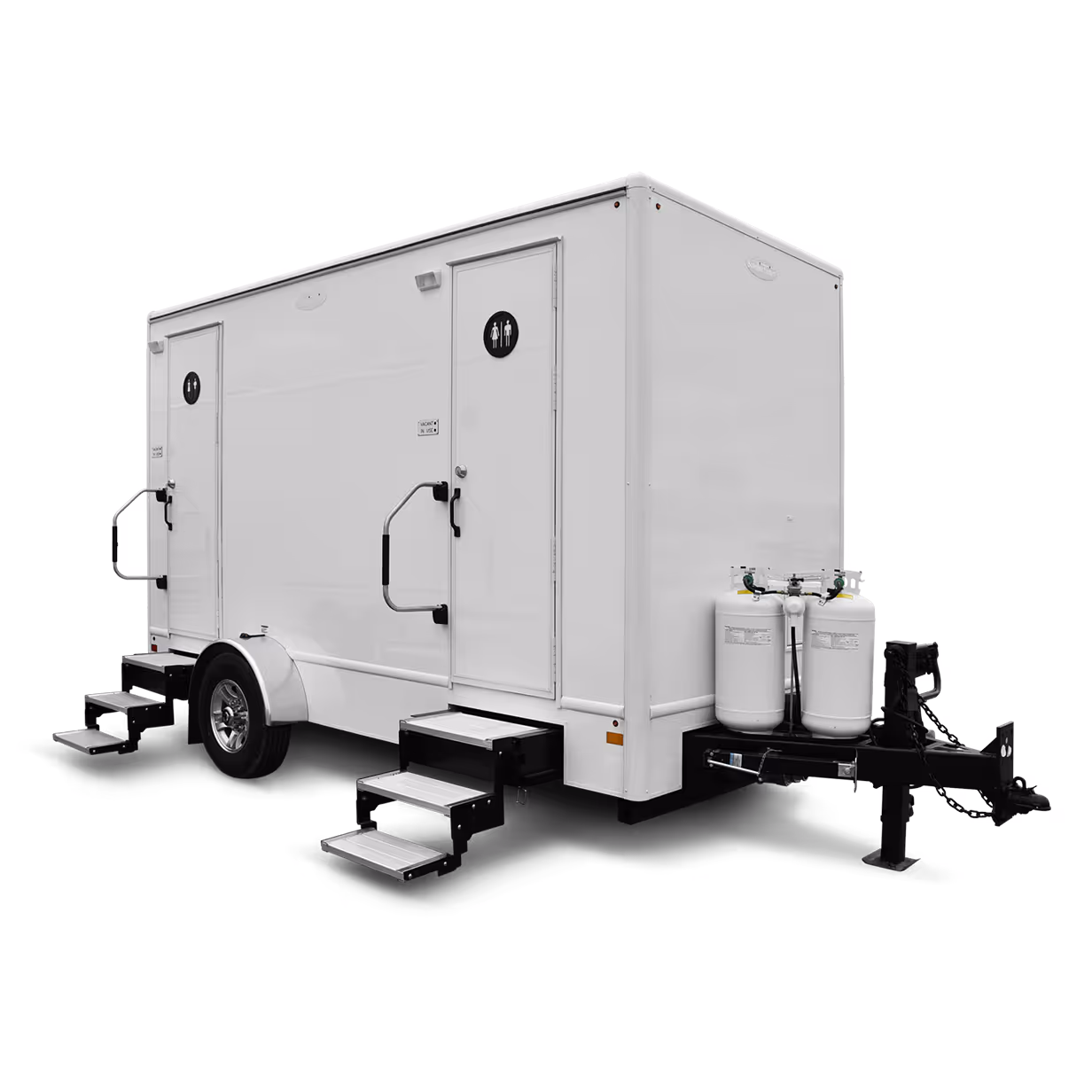 White 6x14' mobile shower trailer with two doors, steps, and dual propane tanks attached.