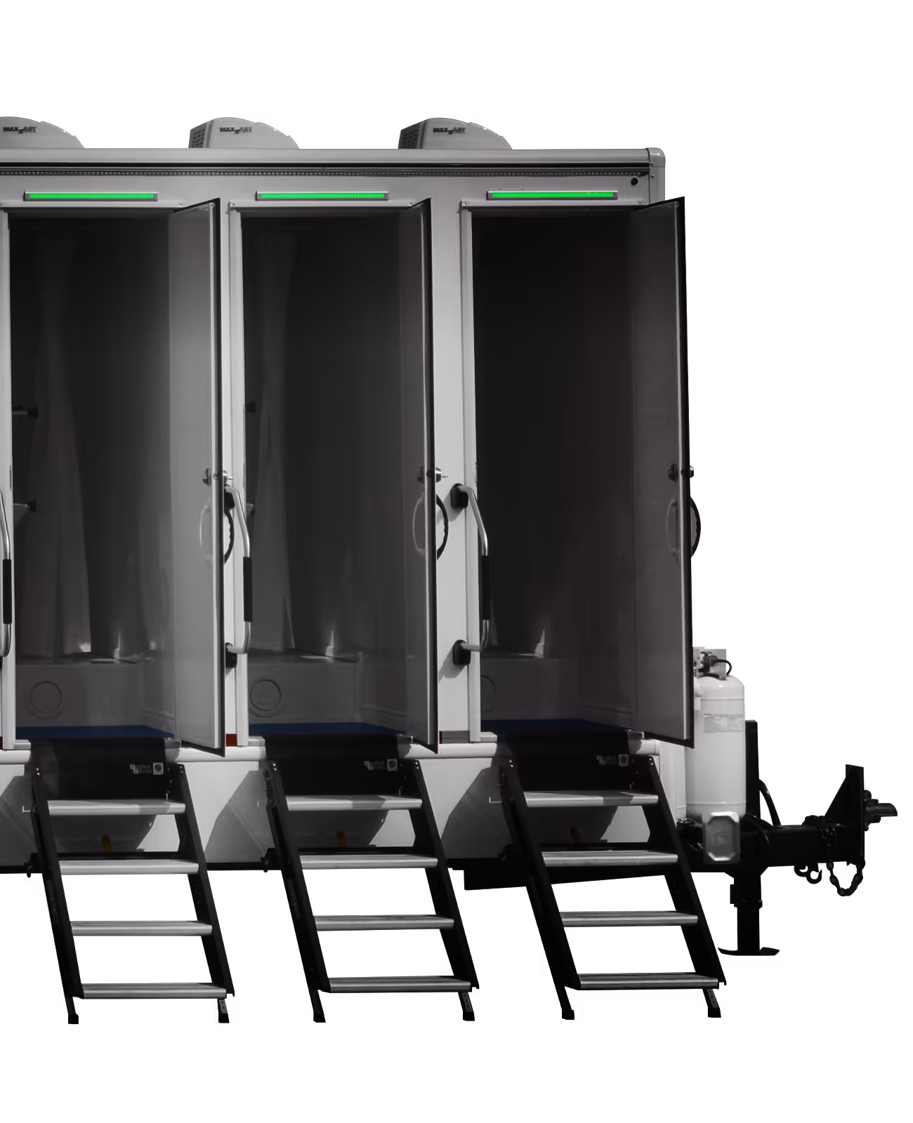 Three portable shower stations with open doors, featuring steps and illuminated indicators.
