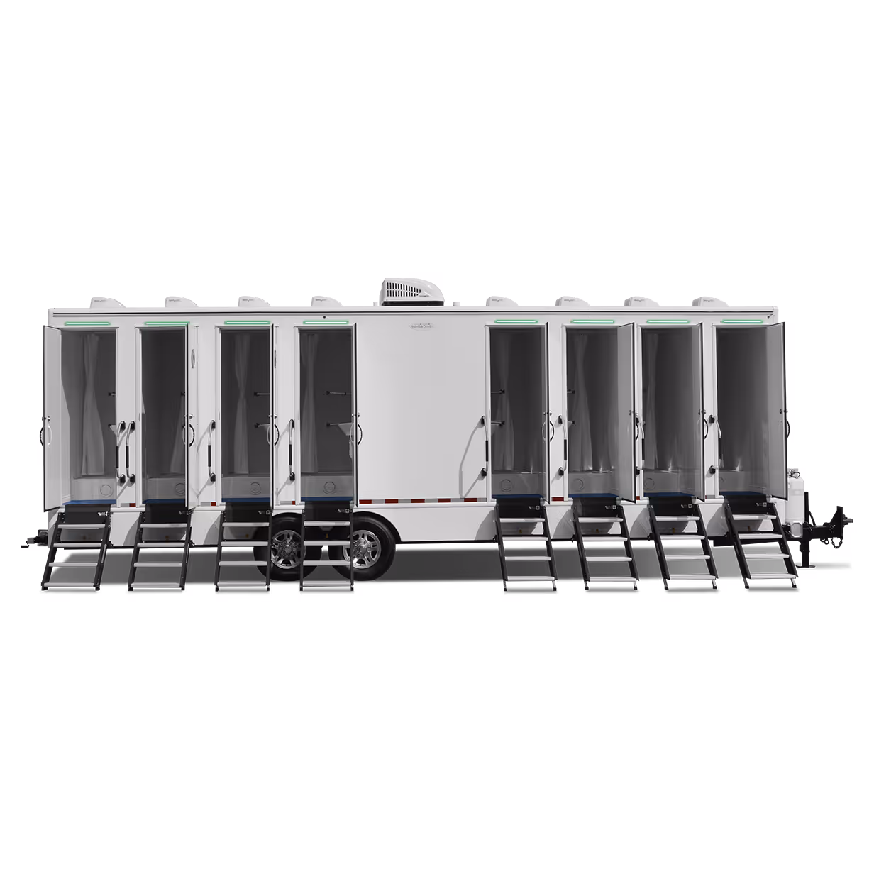 Mobile shower trailer featuring eight doors and eight separate shower stations.