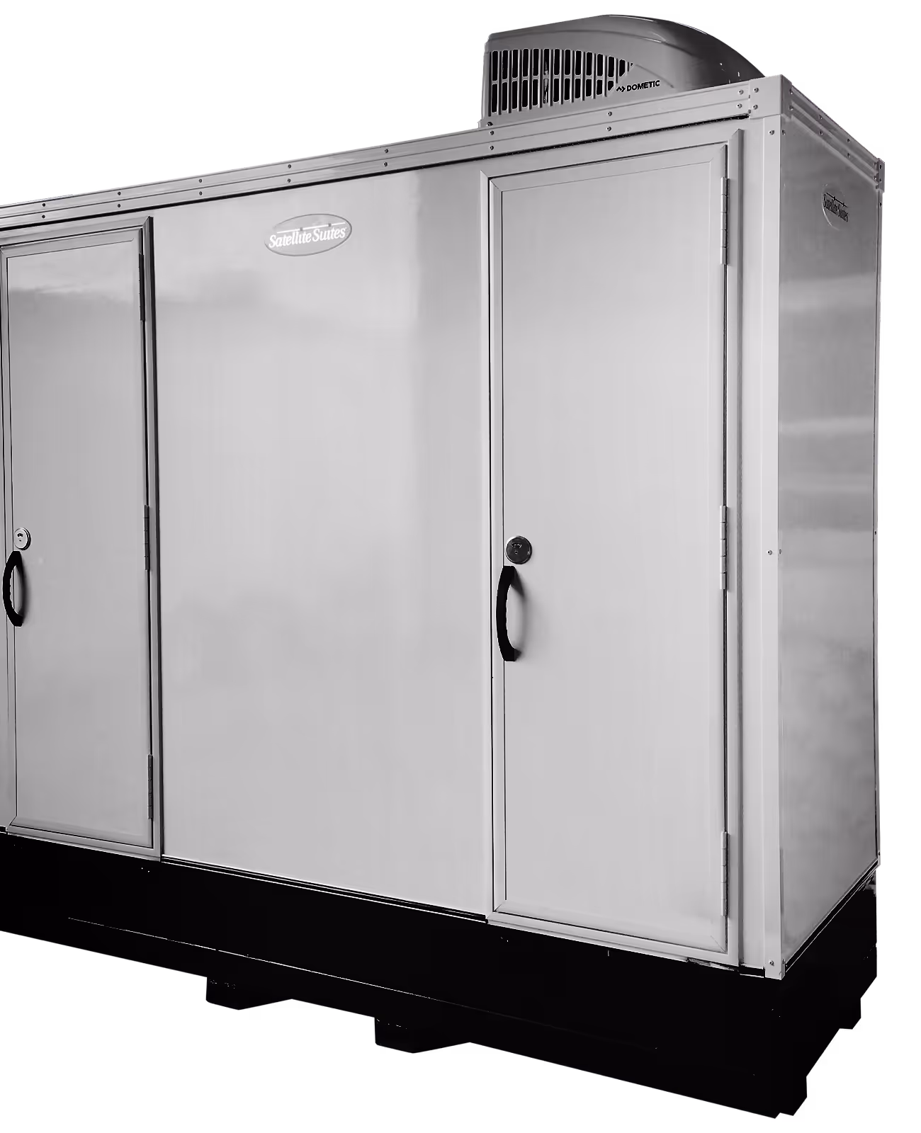 A stainless steel 2-station selfie pod with double doors and an outdoor cooling unit.