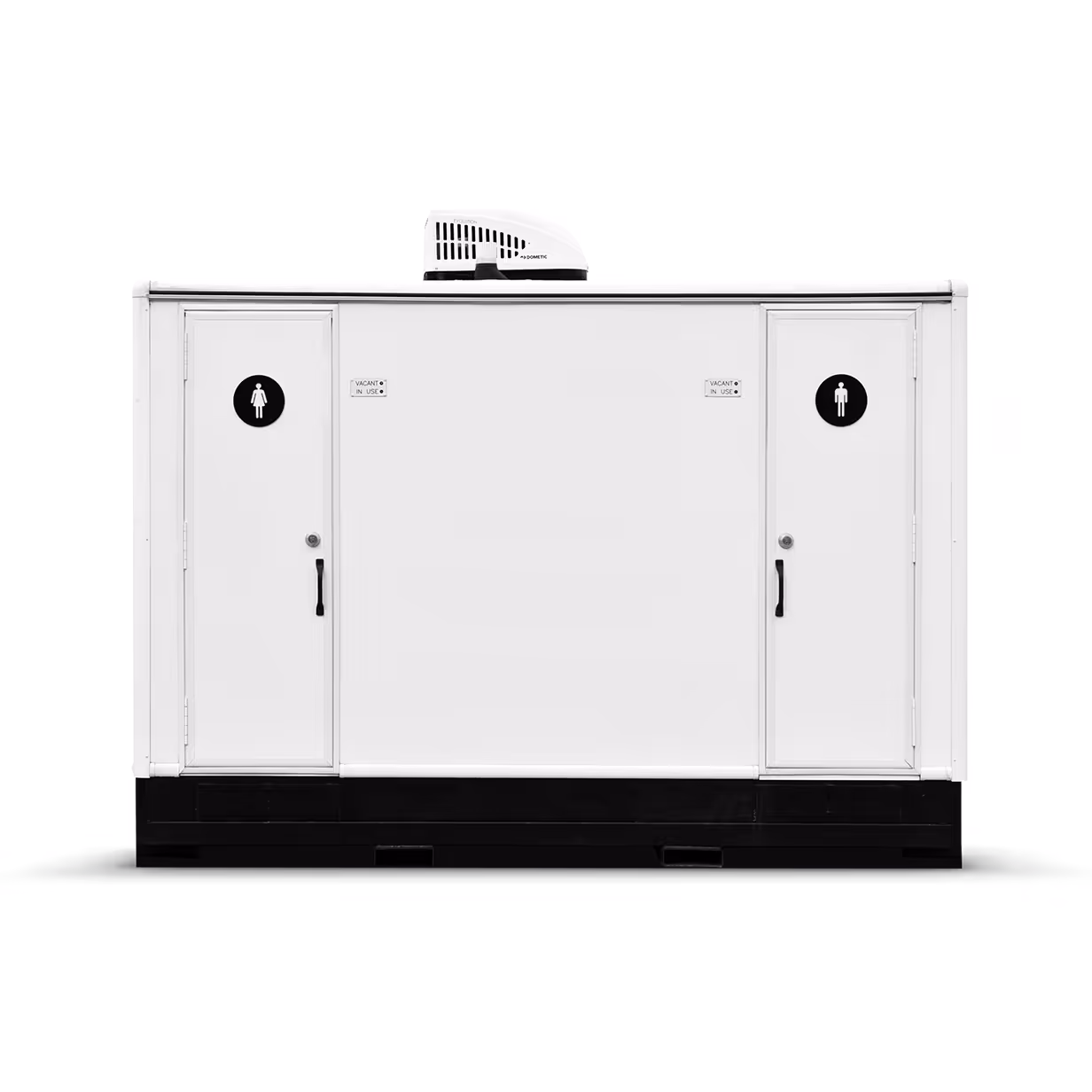 Two-station portable restroom unit with gender signs on doors, set against a black background.