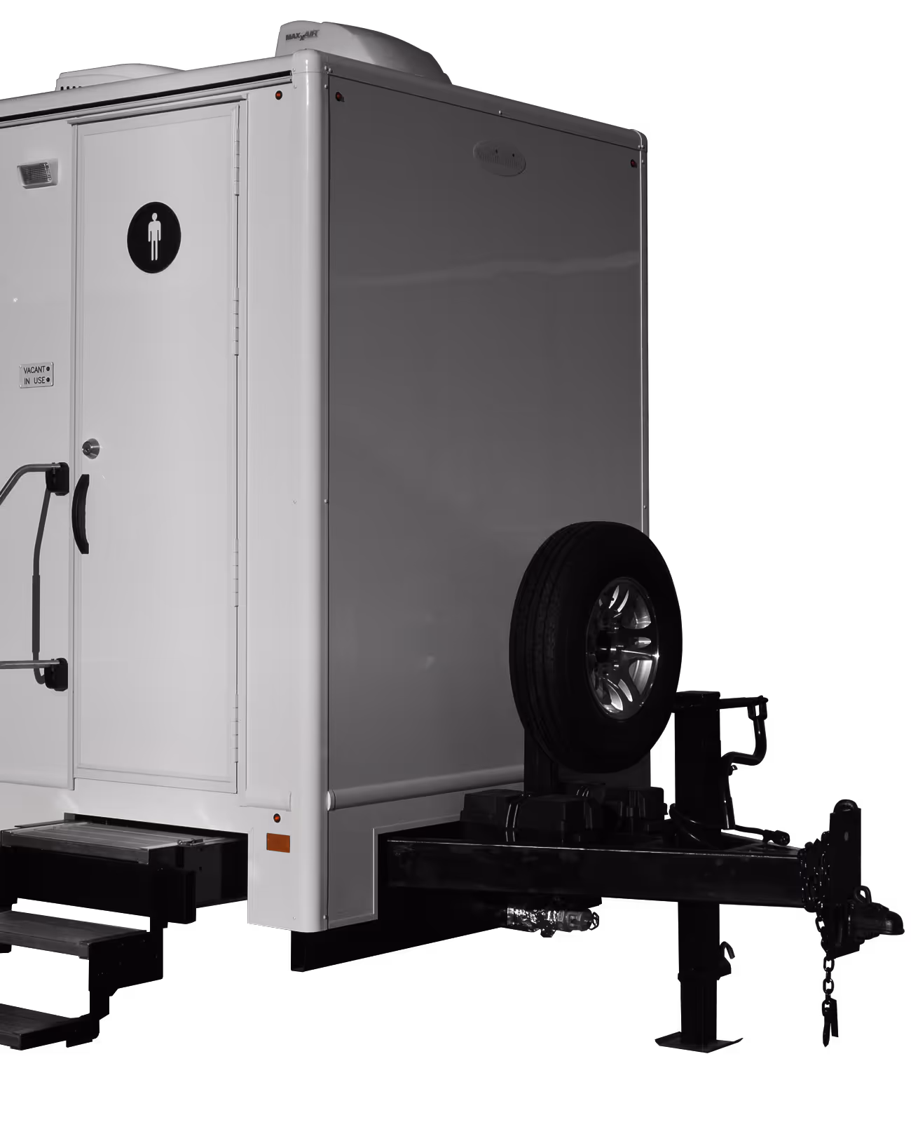 White portable restroom trailer with two stations, stairs, and a tire on the hitch.