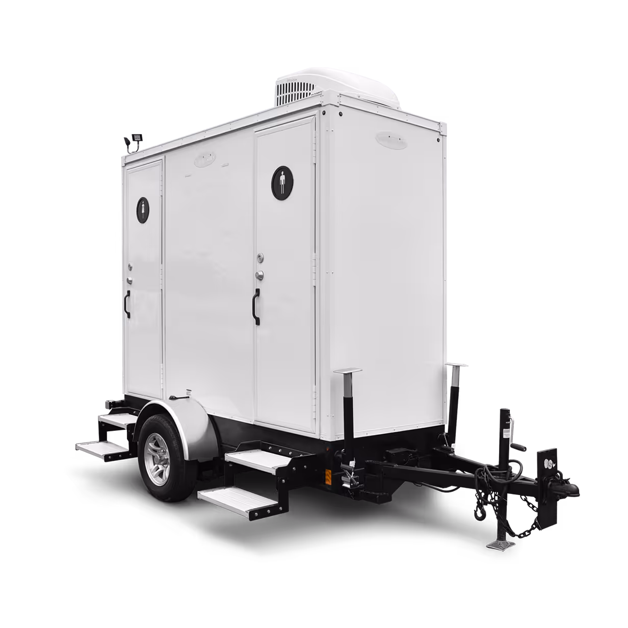 Portable two-station restroom trailer with white exterior and steps for access.