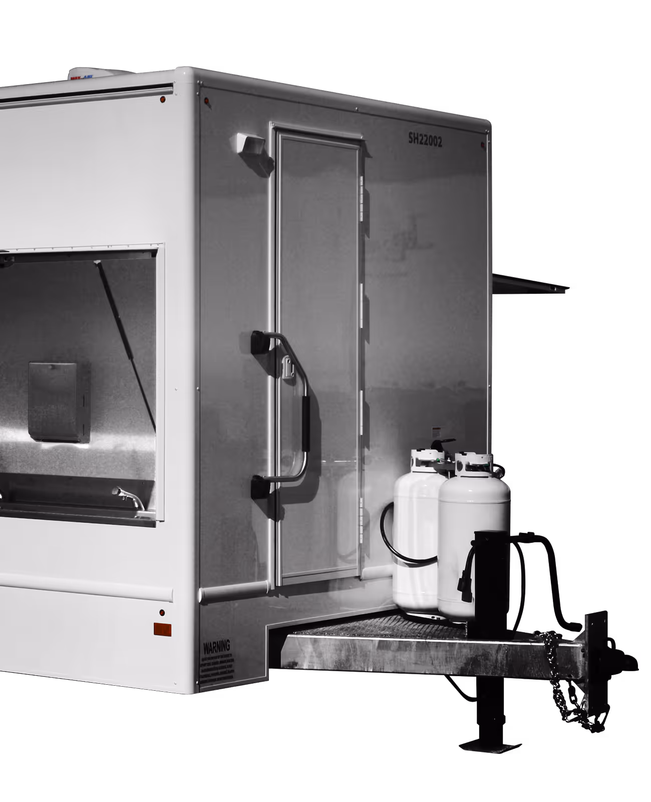 A portable sink unit with a white exterior and two propane tanks on the side.