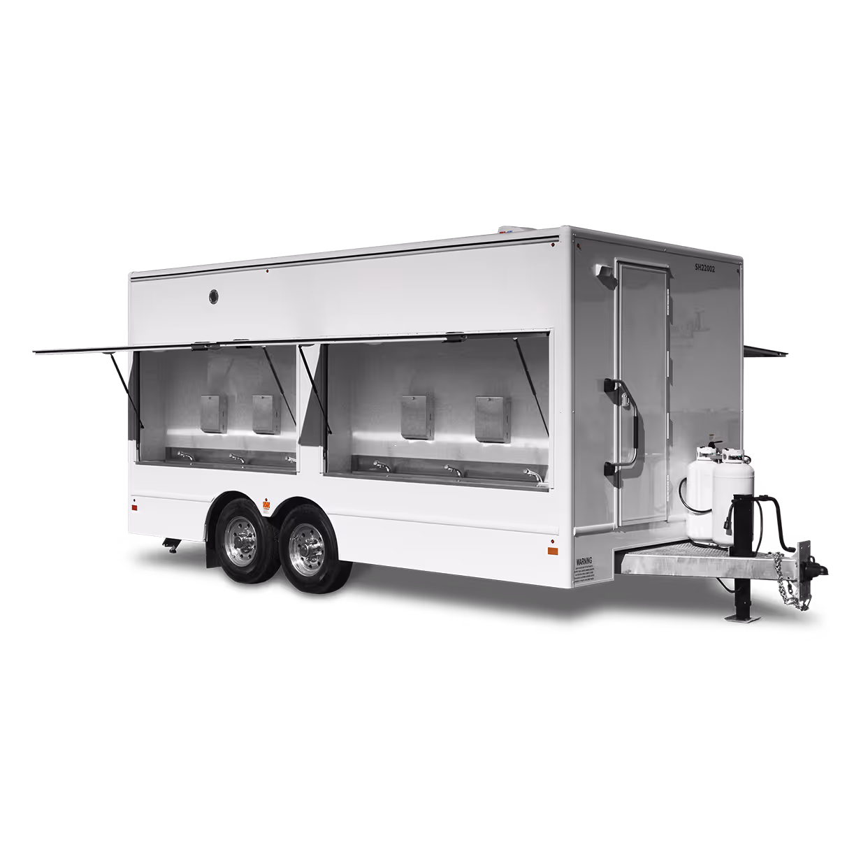 White 12-station sink trailer with dual open serving windows and propane tank on trailer hitch.