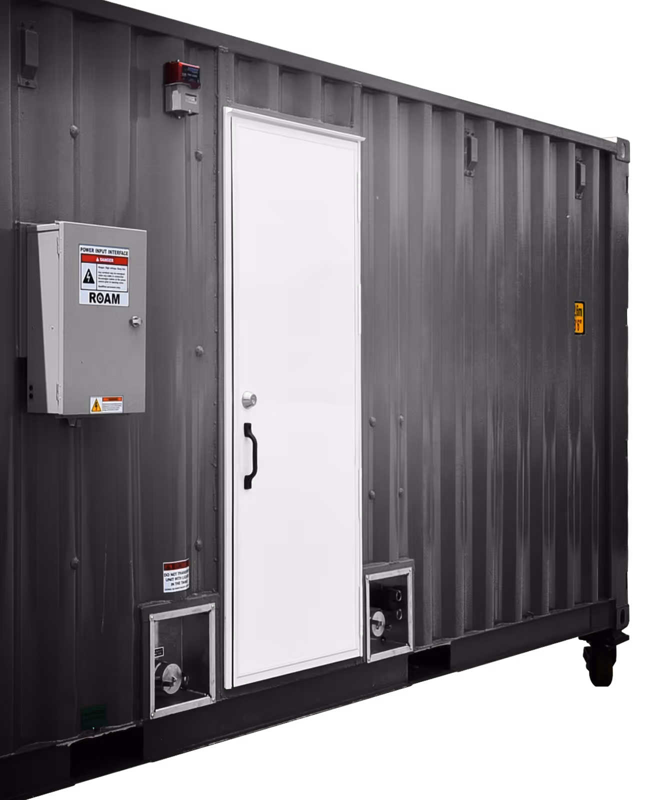 Metal container with a white door, side control panel, and two access points at the bottom.
