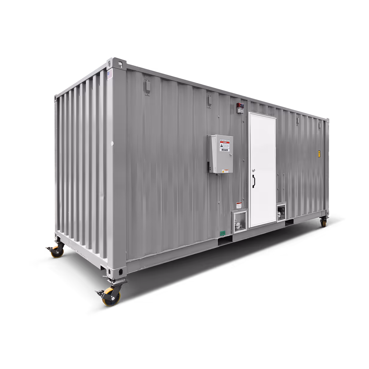 Gray container pump house on wheels with a side door and electrical panel.