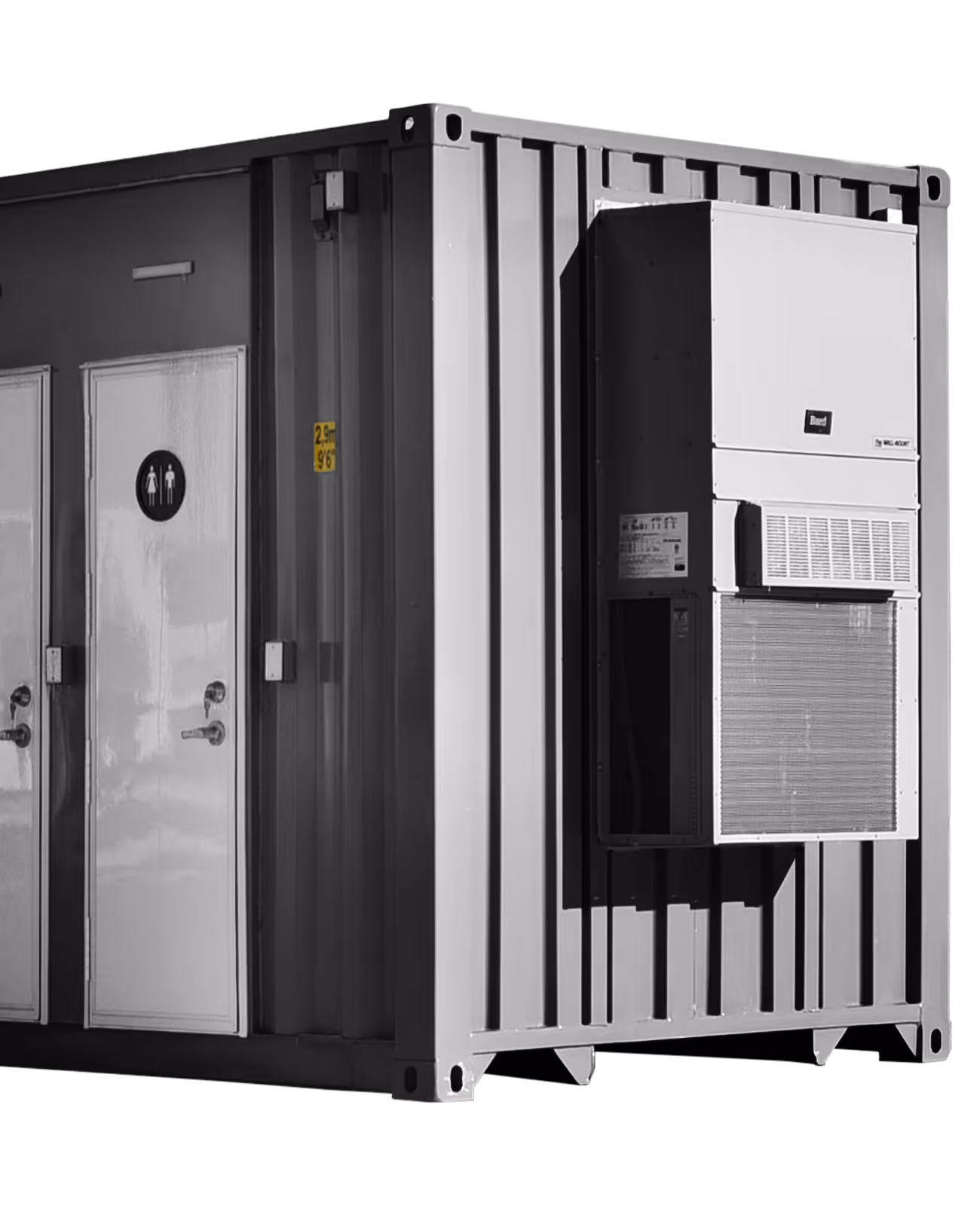 Gray shipping container with two doors and an air conditioning unit mounted on the side.
