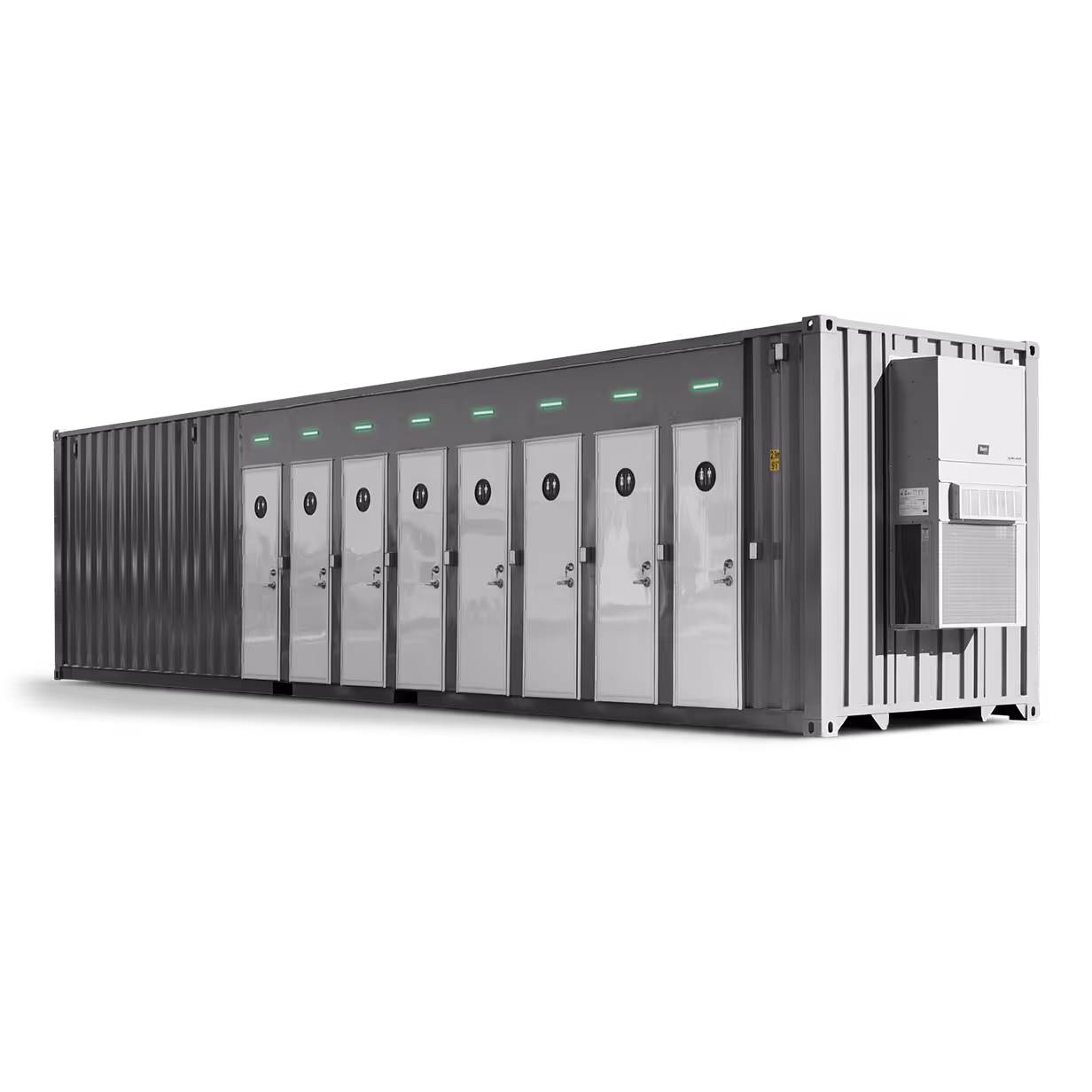 Container restroom unit with multiple restroom doors, featuring a sleek design and ventilation.