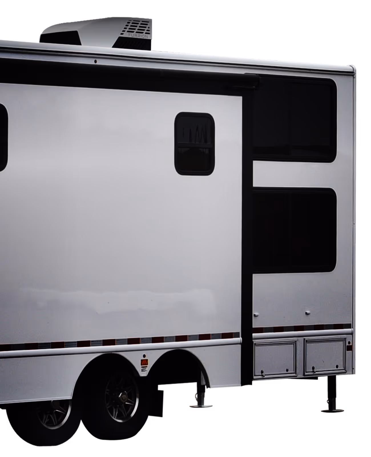 White Command Center trailer with a sleek design, featuring dark windows and a roof vent.