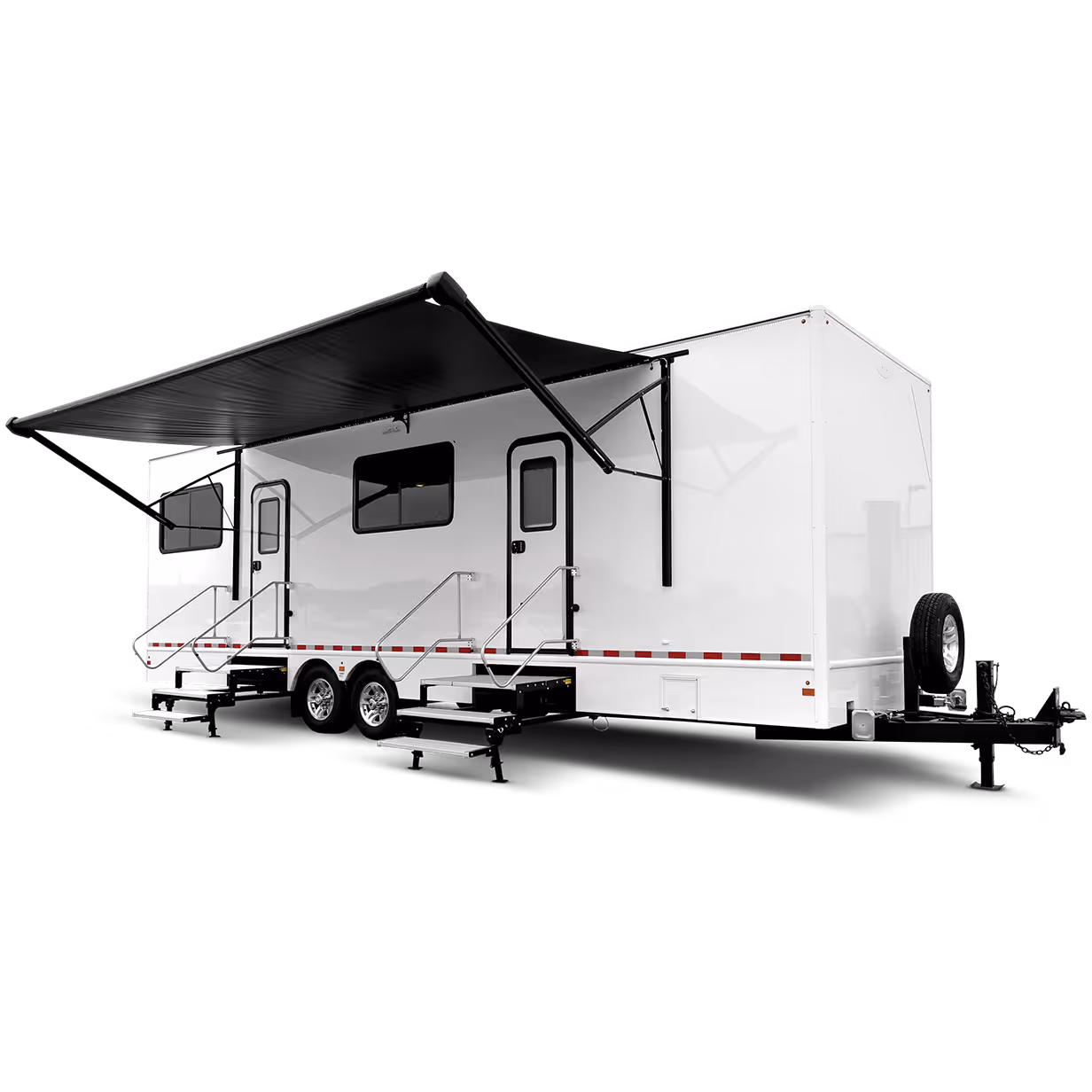 A white 8x30' command center trailer with an awning and dual steps at the entrance.