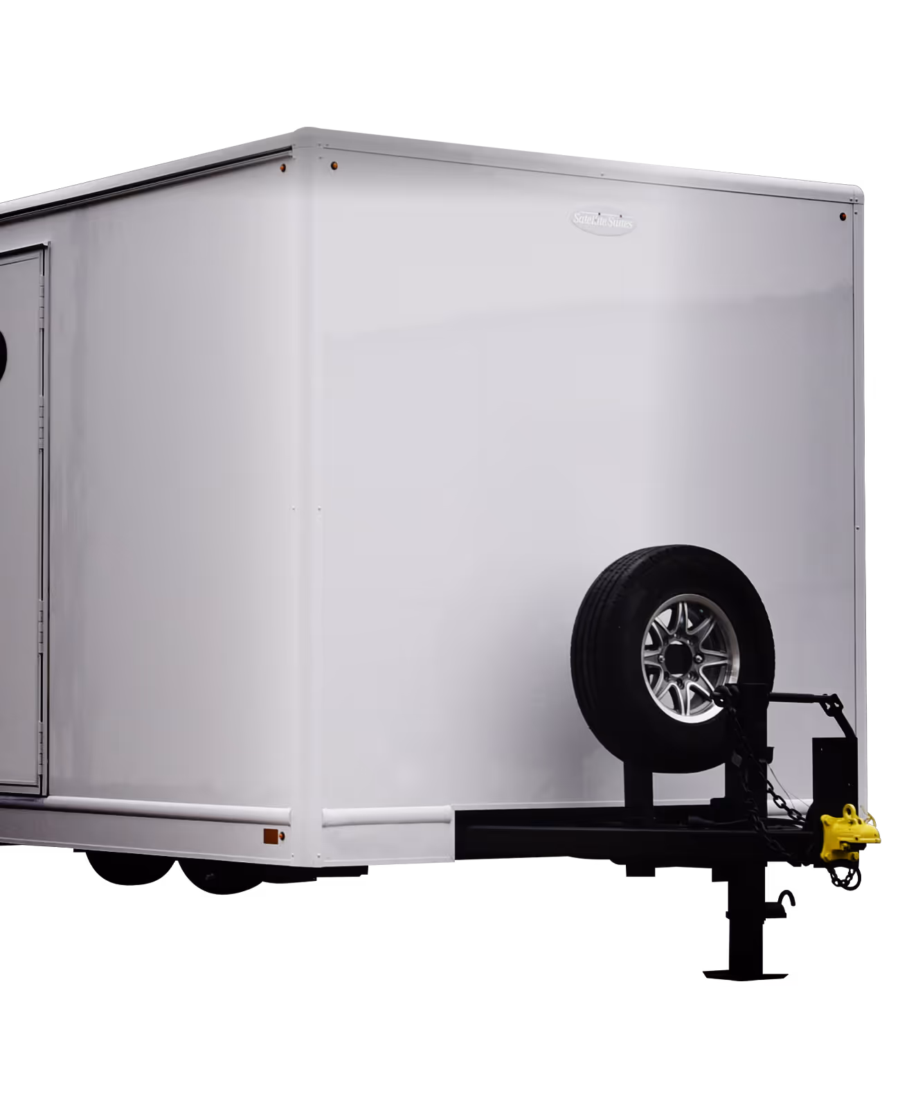 White 8x26' Roughneck trailer with a wheel mounted on the front hitch.