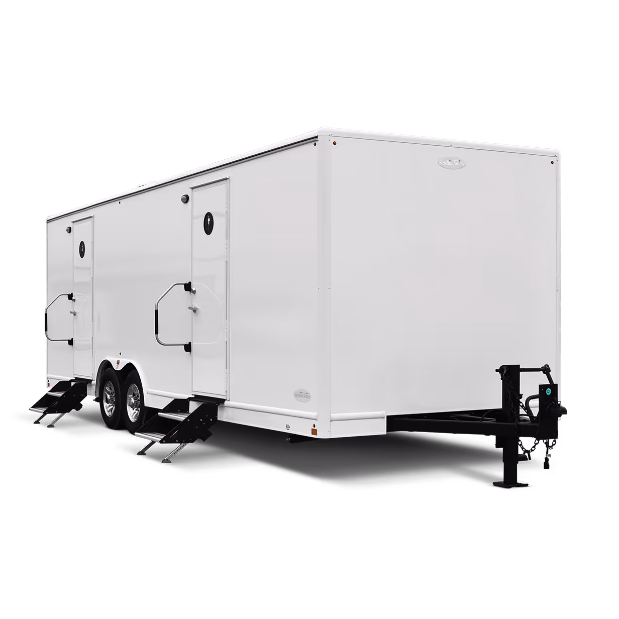 White 8x26' Roughneck trailer with dual doors and trailer hitch, parked on a black background.